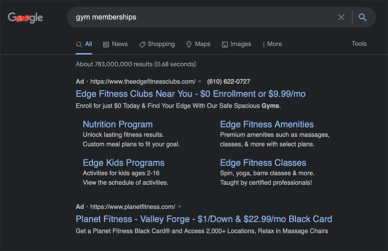 gym search results ads